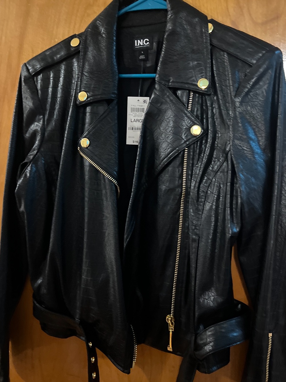 INC International Concepts Black Faux Leather Moto Jacket with Gold Hardware